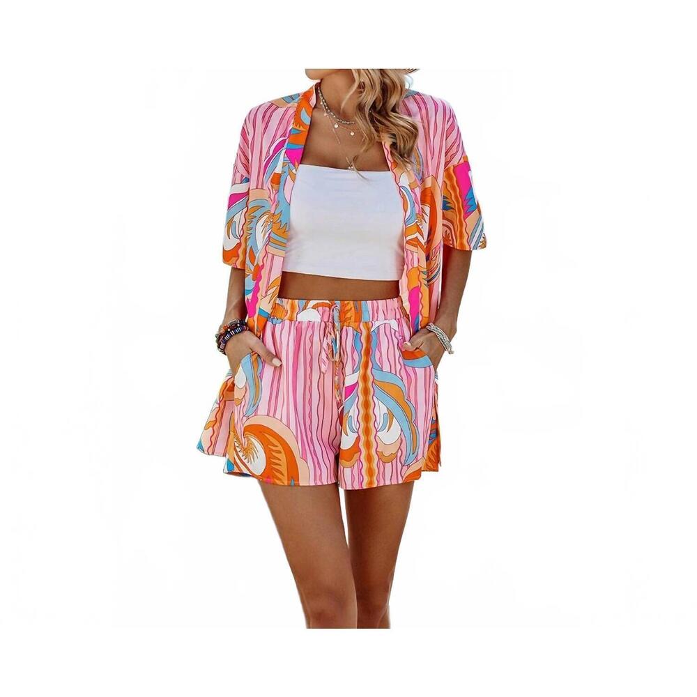 NEW WILLOWS festival print tie top and shorts set in pink multi